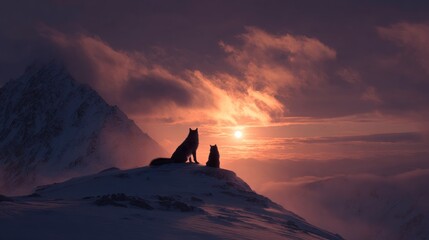 Silhouette Wolves Sunset Mountain Peak