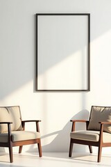Minimalist interior with two chairs and empty frame