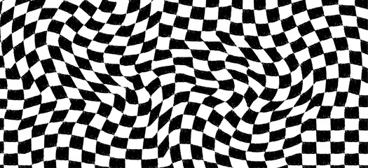 Curvy crayon hand-drawn checkerboard with optical distortion and digital flair. Deep race chalk or ink pattern for fashion, squiggle textile design, monochrome pastel charcoal drawn wallpaper. Vector