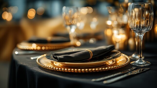 Elegant table setting with gold charger plates black cloth napkins and glassware for formal dining event