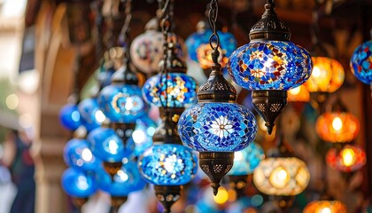 Colorful mosaic glass lanterns hang in a market, illuminated from within, creating a warm, inviting ambiance