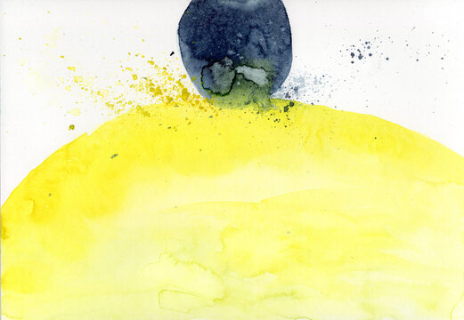 Abstract watercolor art showing blue meteorite impacting yellow surface