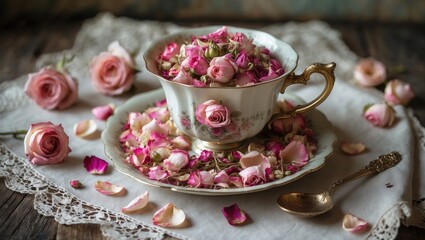 A teacup filled with pink rosebuds on a floral saucer with scattered roses and petals, placed on lace fabric, creating a romantic and vintage floral arrangement.