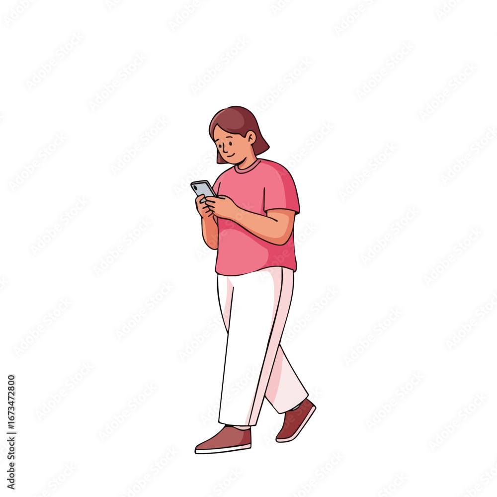 Poster person walking while texting on smartphone in casual attire with a relaxed demeanor and soft pastel 