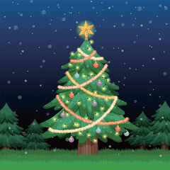 Christmas Tree Illustration with Star, Ornaments, and Snowy Forest Night 1x1