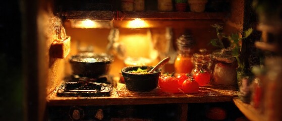Cozy rustic kitchen with warm lighting, wooden shelves, fresh vegetables, jars and cooking utensils