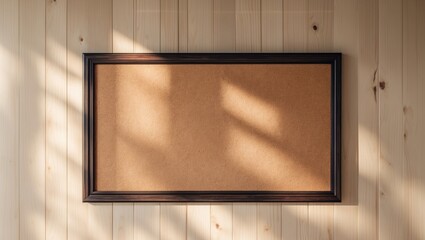 Empty corkboard on wooden wall with sunlight casting shadows.