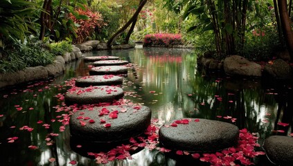 Serene stepping stones across a calm pond, surrounded by lush greenery and scattered rose petals