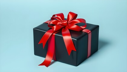 Fototapeta premium Luxurious matte black gift box tied with a shiny red ribbon, isolated on a pastel blue background.