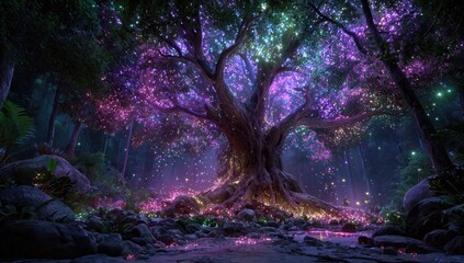 Glowing tree in enchanted forest at night
