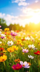 Colorful cosmos field in sunlight