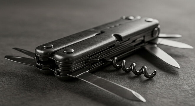 Rugged multi-tool knife with open blades and corkscrew, perfect for adventure and utility - Powered by Adobe