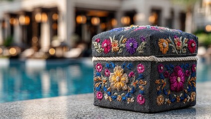Ornate embroidered box by pool