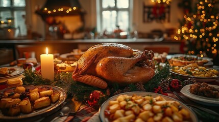 Beautifully set Christmas dinner table scene with whole deep-fried turkey main dish and vegetable potato casserole sides on wooden table, warm lights and decorations, large candle illumination, photor