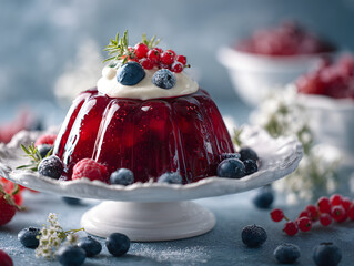 Red jelly mold dessert with berries and cream on a stand