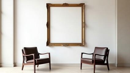 Ornate gold frame above leather armchairs empty white