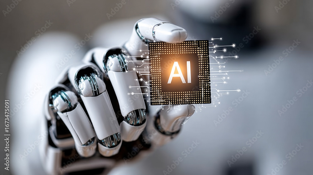 Poster robot displays ai chip tech. a robotic hand shows a glowing ai chip, highlighting advancements in ar