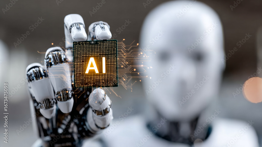Poster ai chip in robotic hand. a humanoid robot displays a microchip labeled ai, showcasing advancements i