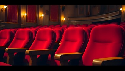 Rows of antique red velvet cinema seats in a classic theater.