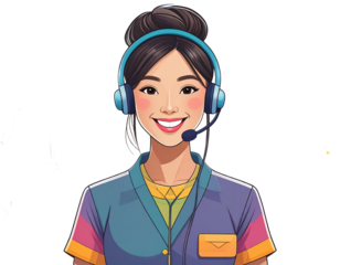 Cartoon-Style Customer Support Agent with Headsed Network Symbols