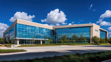 Obraz premium modern_architecture, glass_facade, commercial_building, office_building, contemporary_design, sky_with_clouds, landscaping, wide_angle_shot 