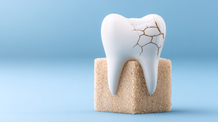 Cracked tooth on sugar cube. A cracked tooth model on a sugar cube highlights dental health issues and sugary foods.