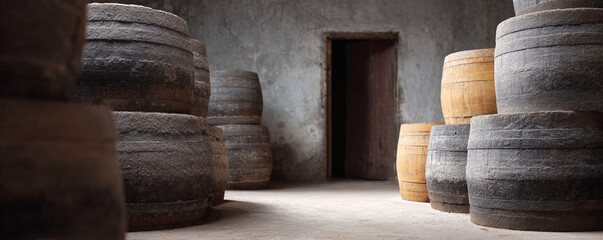 Rustic cellar interior with stacked barrels. An aged doorway invites mystery. Perfect for illustrating history, tradition, aging processes, or craftmanship.