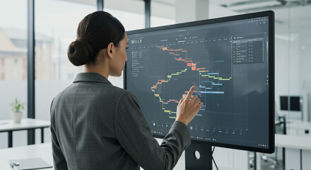 Professional businesswoman analyzing project timeline on large monitor in modern office setting