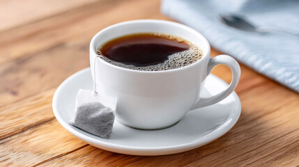 Fototapeta premium Warm cup of brewed tea on wooden table. A cozy cup of tea sits on a wooden surface, a tea bag gently steeping in the warm liquid beside a gray fabric.