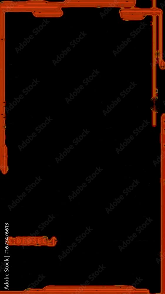 Poster animated glowing orange digital frame with c:oeds text, futuristic circuit board interface design