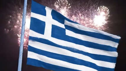 Greek flag fireworks night display - Powered by Adobe