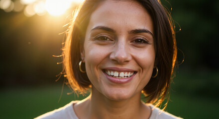 Smiling woman with diastema and short hair in sunlight outdoors during summer  
