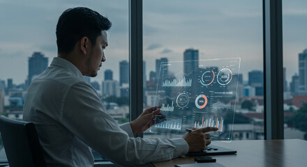Professional businessman analyzes financial data on futuristic transparent screen in modern office with city view, ready to present.