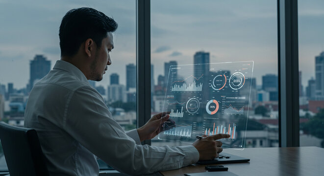 Professional businessman analyzes financial data on futuristic transparent screen in modern office with city view, ready to present.