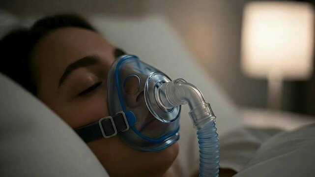 Woman sleeping peacefully with CPAP mask, representing restful sleep and health recovery.