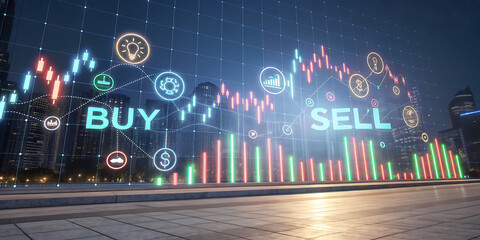 Financial Market Analysis with Candlestick Chart Buy and Sell Signals Against a Cityscape Background Indicating Investment Opportunities