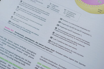 A close-up of an open medical textbook, showing detailed text and diagrams about human physiology...