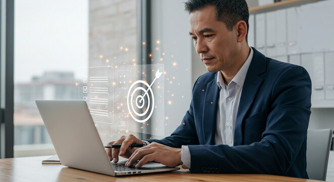 Asian businessman focusing on goals and objectives using laptop in modern office setting with digital marketing target