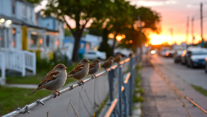 Sparrows perched during sunset on fence. Sparrows gather on a fence as the sun sets, illuminating the street and nearby houses with warm colors.