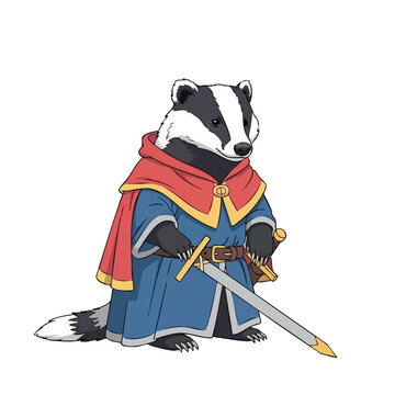 Badger dressed as a wizard with a sword and colorful cape in a cartoon style 