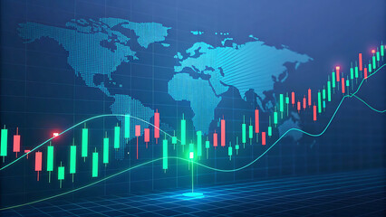 Global Stock Market Analysis with Candlestick Chart and World Map Background Investment and Financial Growth Visualization