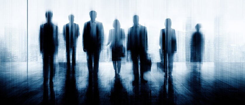 Diverse group of business people walking through modern office corridor with silhouette effect and lighting