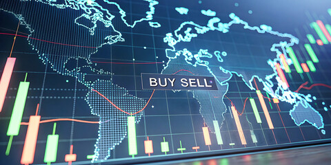 Global Stock Market Trading and Investment Strategy Showing Candlestick Charts and World Map for Financial Growth and Opportunity
