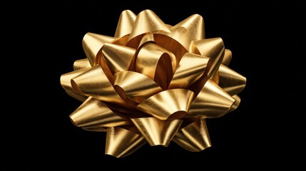 Elegant shiny gold gift bow with intricate ribbon loops on a black background for decoration
