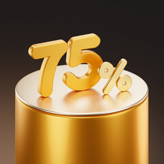 Golden metallic 75% or 75 percent on golden podium. isolated on dark background. 3D render