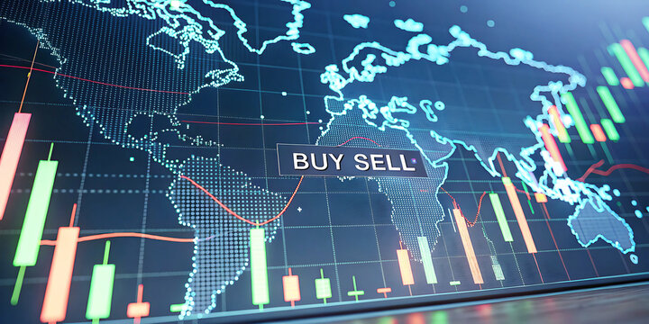 Global Stock Market Trading and Investment Strategy Showing Candlestick Charts and World Map for Financial Growth and Opportunity - Powered by Adobe