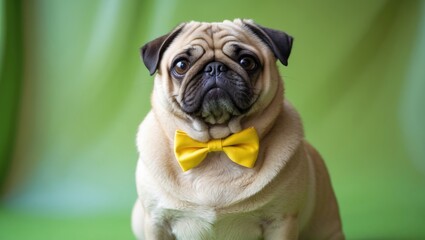 Cute pug dog with a yellow bow tie against a green background.