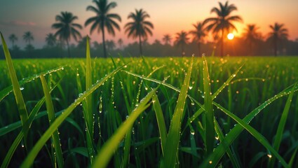Lush green rice field at sunrise with dew drops on the grass and tall palm trees in the background. Agricultural landscape and natural beauty. Early morning scene and nature.
