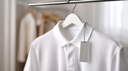 Crisp white polo shirt with  blank rectangular tag hangs on  white hanger on  clothes rack