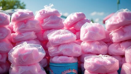 Pink cotton candy bags stacked outdoors with a bright sky in the background. Confectionery and sweet snack. Festival and fair food. The concept of sugary treats and entertainment.